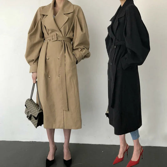 128 - Damen Oversize Trenchcoat Lang Doppelreiher