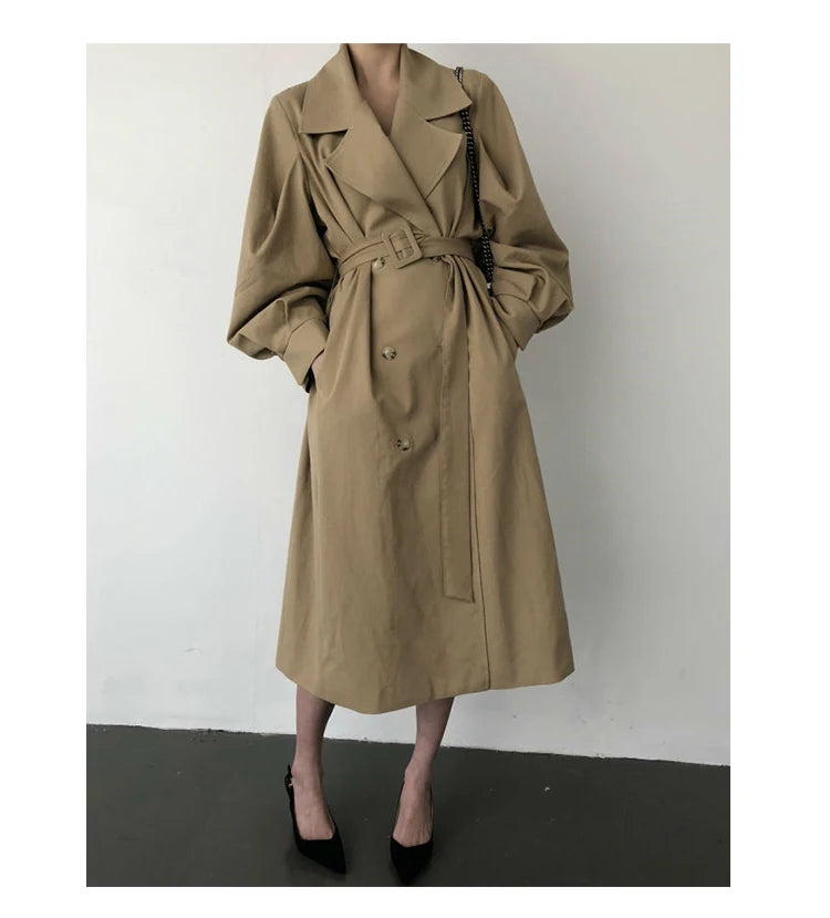 128 - Damen Oversize Trenchcoat Lang Doppelreiher