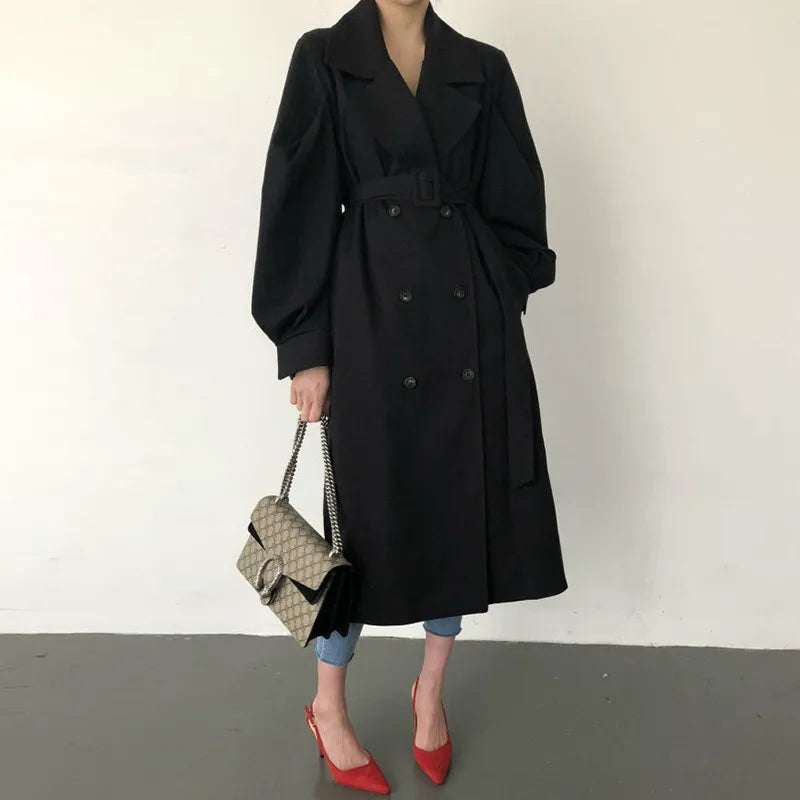 128 - Damen Oversize Trenchcoat Lang Doppelreiher