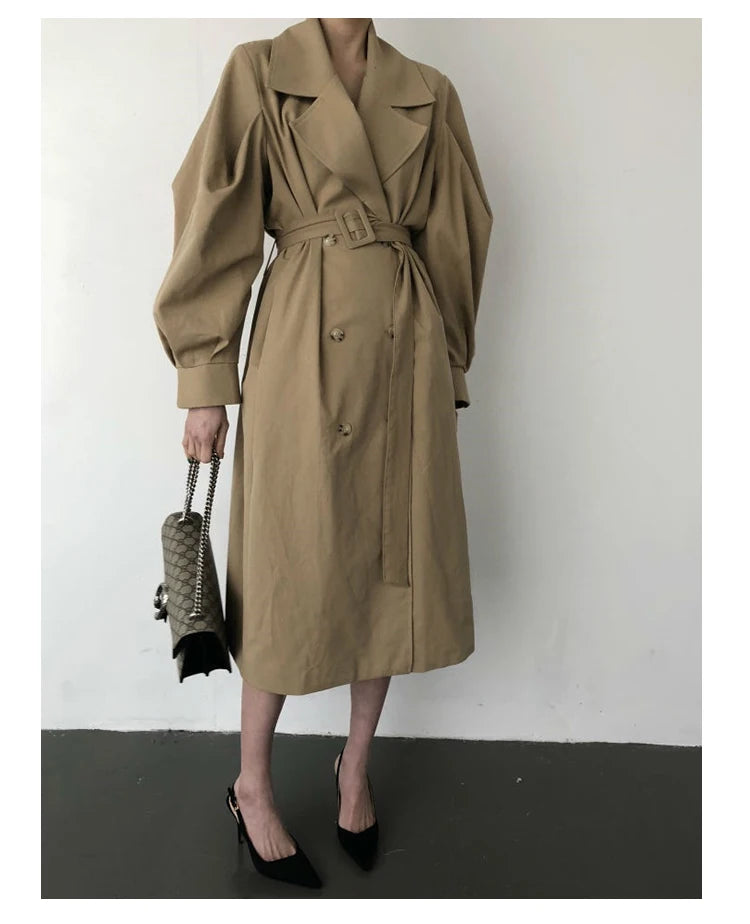 128 - Damen Oversize Trenchcoat Lang Doppelreiher