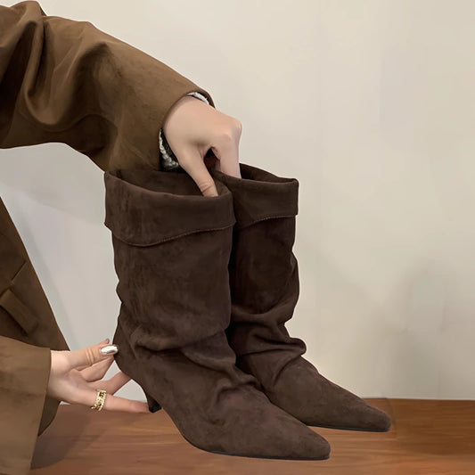 1003 - Damen Slouch Boots mit Keilabsatz & Weitem Schaft