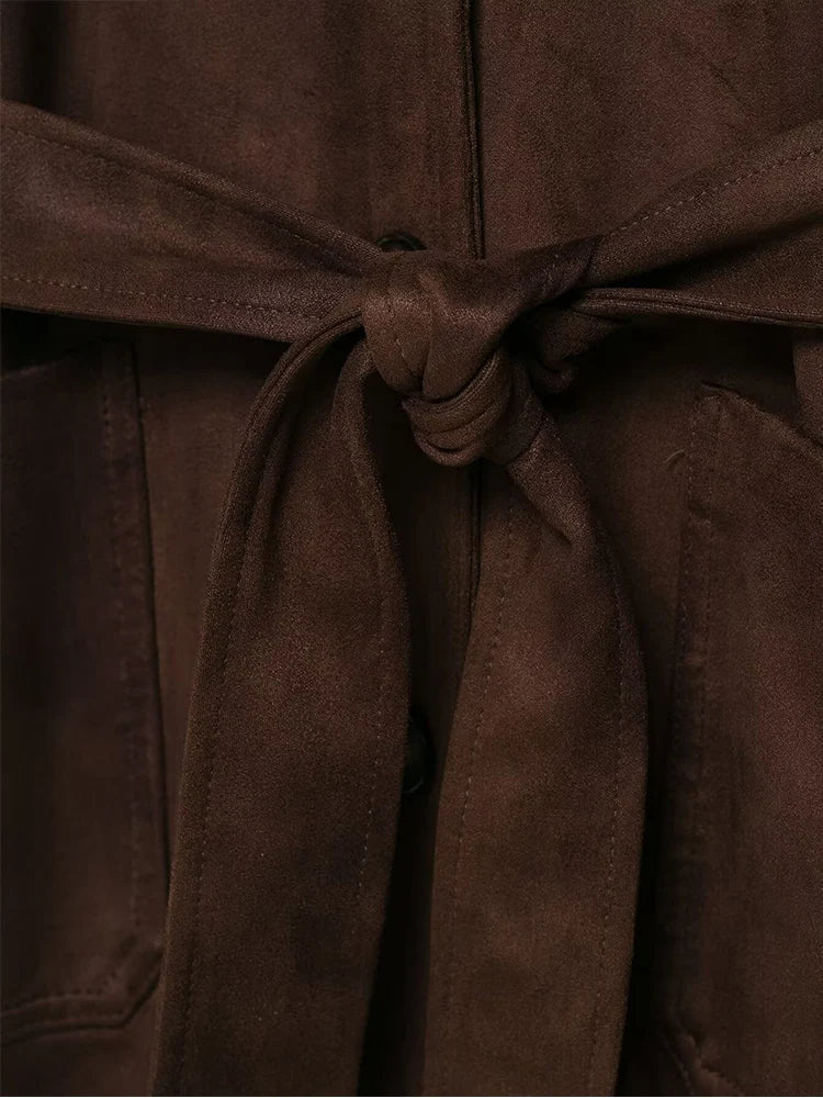 135 - Damen Wildleder Mantel Mit Gürtel – Midilänge & V-Ausschnitt