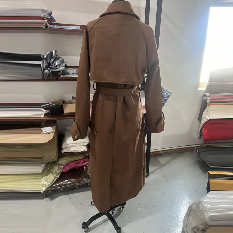 116 - Damen Trenchcoat Braun Lang Mit Gürtel