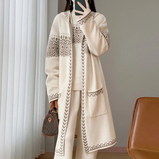 141 - Woll Cardigan Damen Lang Mit Kapuze