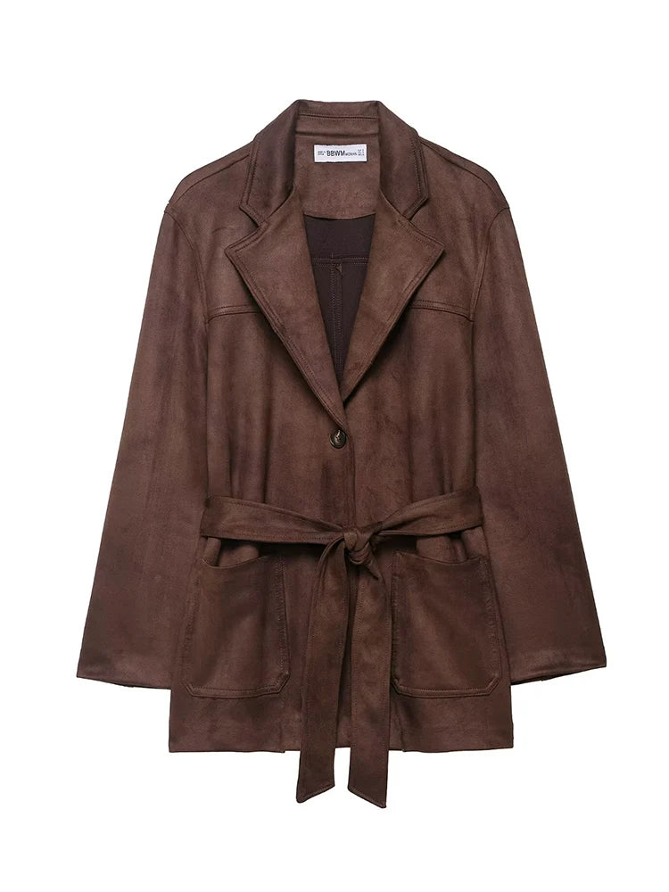 135 - Damen Wildleder Mantel Mit Gürtel – Midilänge & V-Ausschnitt