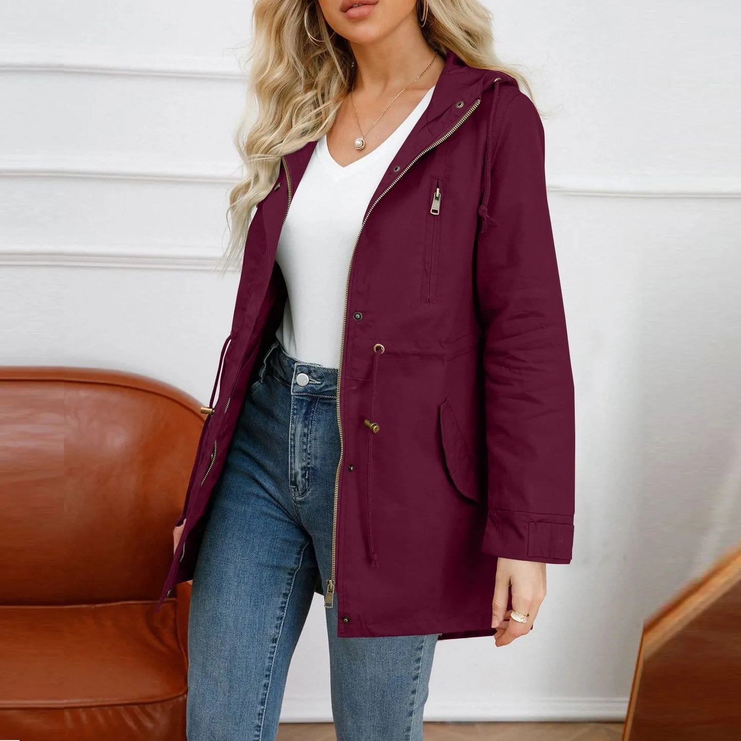 104 - Damen Trenchcoat Mit Kapuze & Taschen