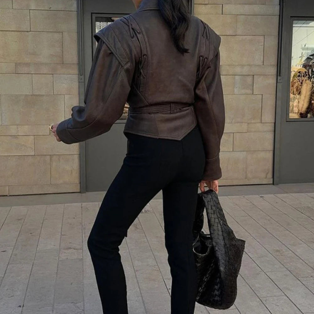 049 - Oversize Lederjacke Damen – Mit Gürtel & Elegant