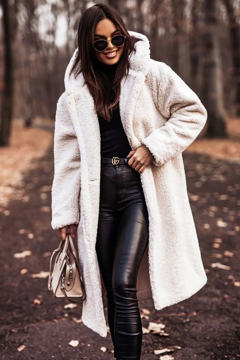 093 - Damen Wollmantel Lang mit Kapuze