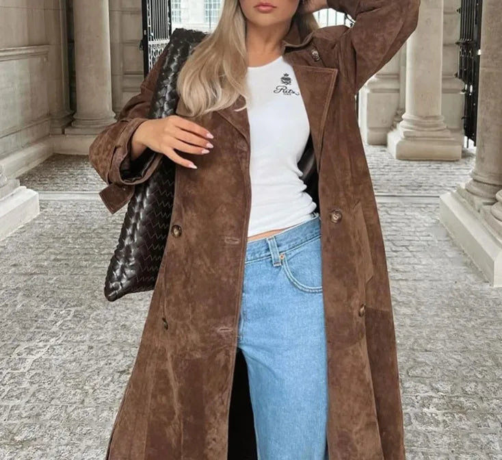 116 - Damen Trenchcoat Braun Lang Mit Gürtel