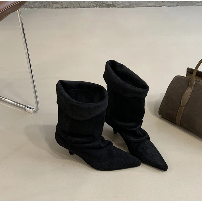 1003 - Damen Slouch Boots mit Keilabsatz & Weitem Schaft