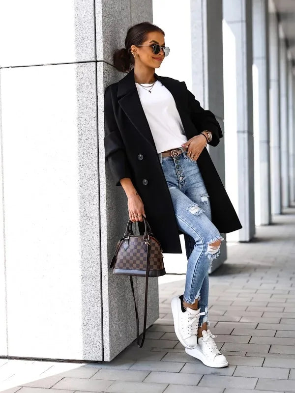 098 - Damen Zweireiher Mantel Lang Elegant