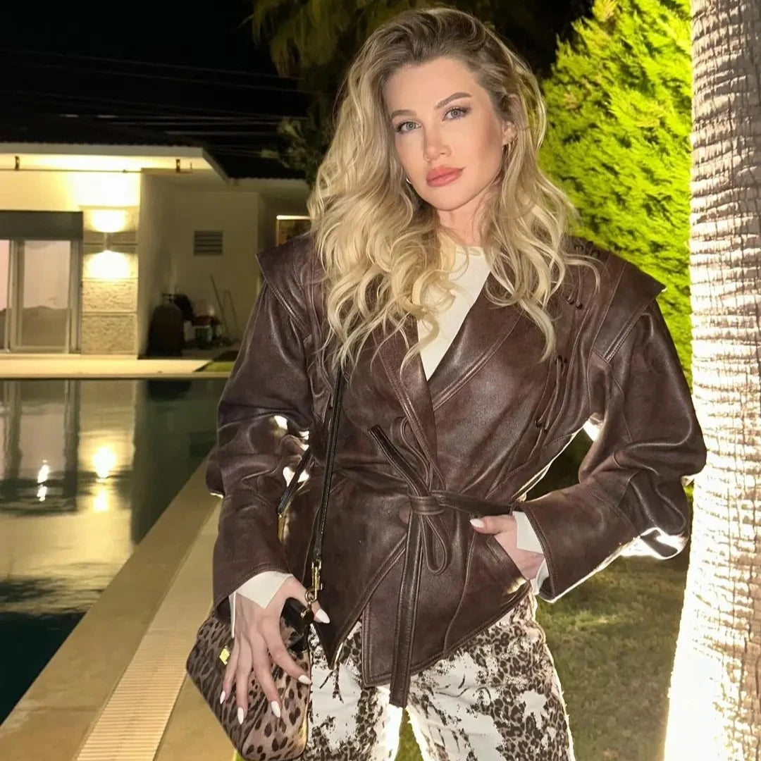 049 - Oversize Lederjacke Damen – Mit Gürtel & Elegant