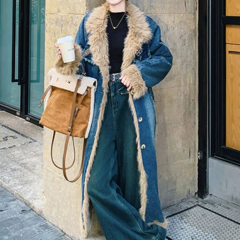 100 - Jeans Mantel Damen Lang Mit Lammwolle Patchwork