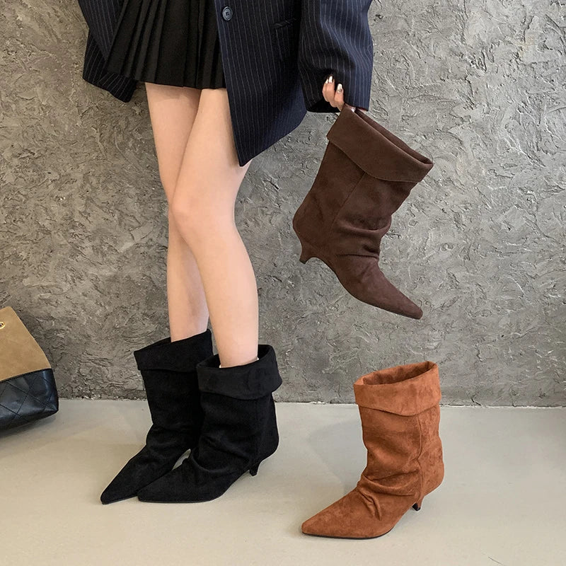 1003 - Damen Slouch Boots mit Keilabsatz & Weitem Schaft