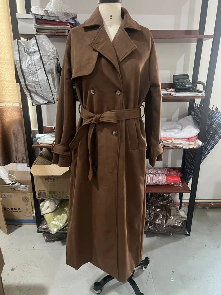 116 - Damen Trenchcoat Braun Lang Mit Gürtel