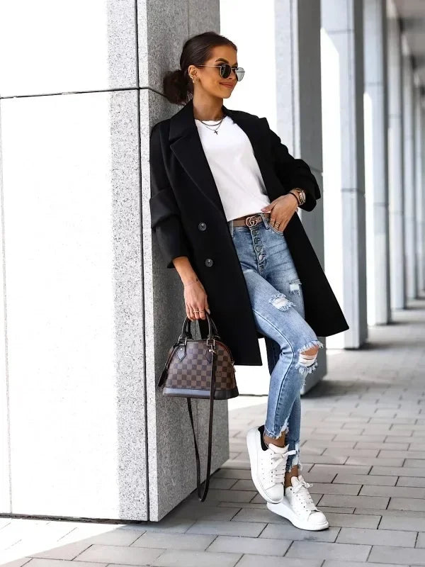 098 - Damen Zweireiher Mantel Lang Elegant