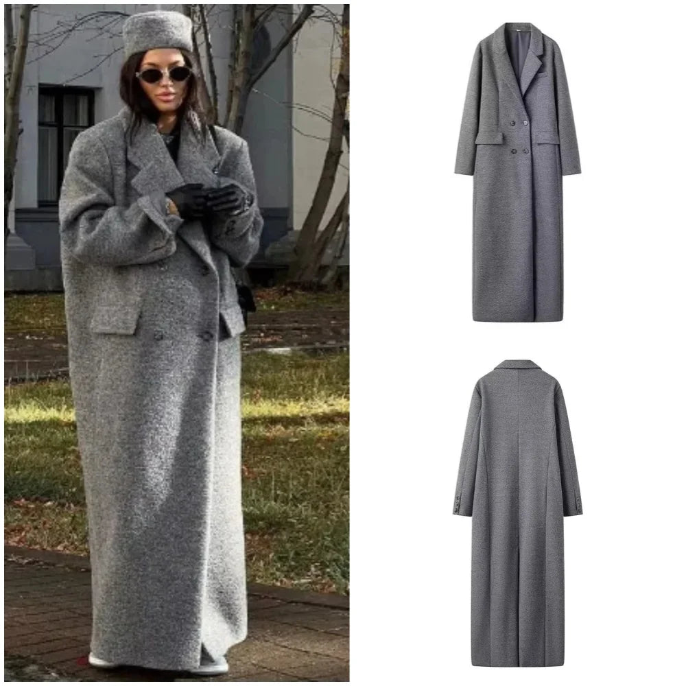 115 - Damen Langer Trenchcoat Zweireiher Elegant
