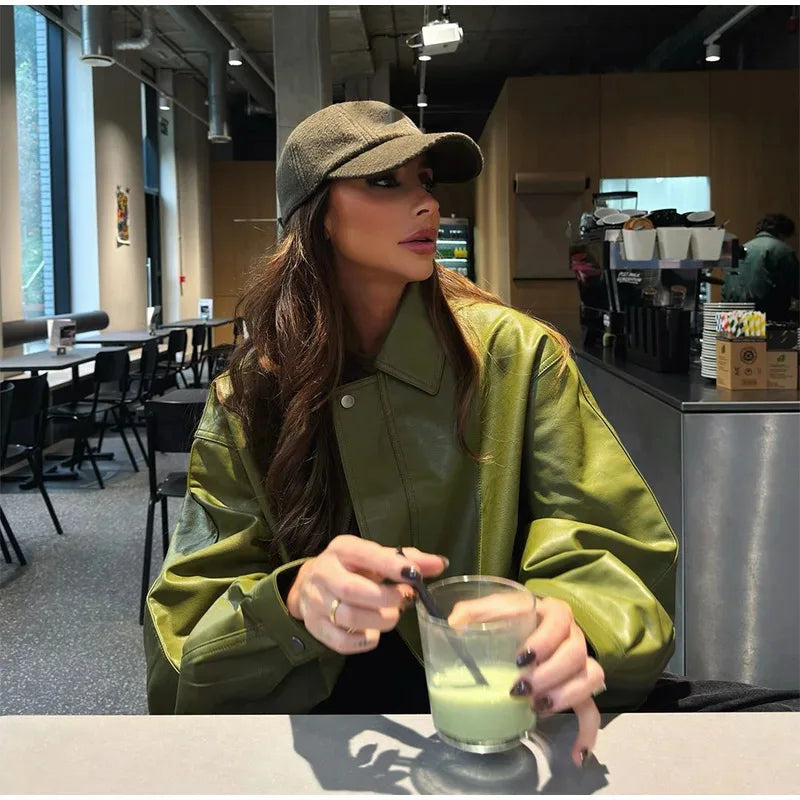 078 - Vintage-Grün PU Lederjacke – High Street Style