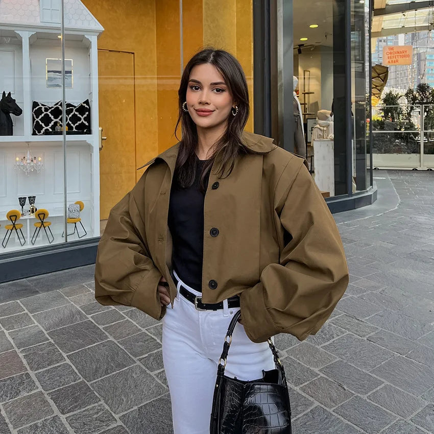 114 - Damen Kurzer Trenchcoat Mit Revers & Knopfverschluss