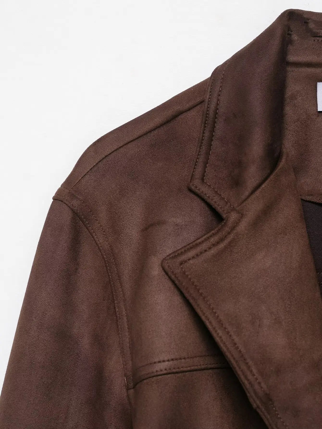 135 - Damen Wildleder Mantel Mit Gürtel – Midilänge & V-Ausschnitt