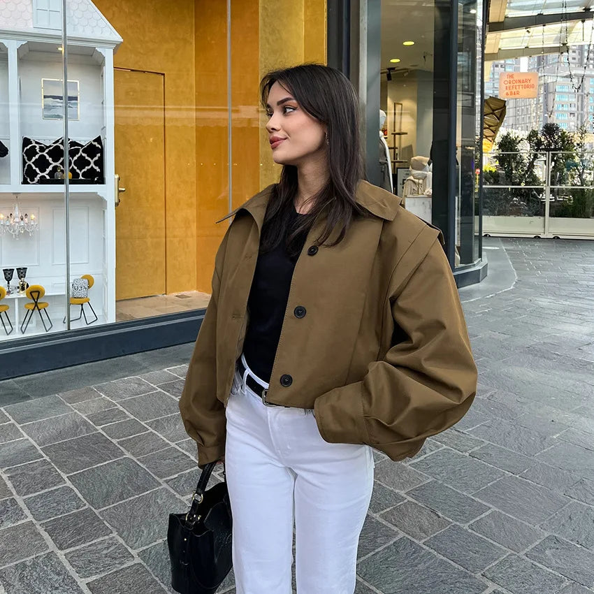 114 - Damen Kurzer Trenchcoat Mit Revers & Knopfverschluss