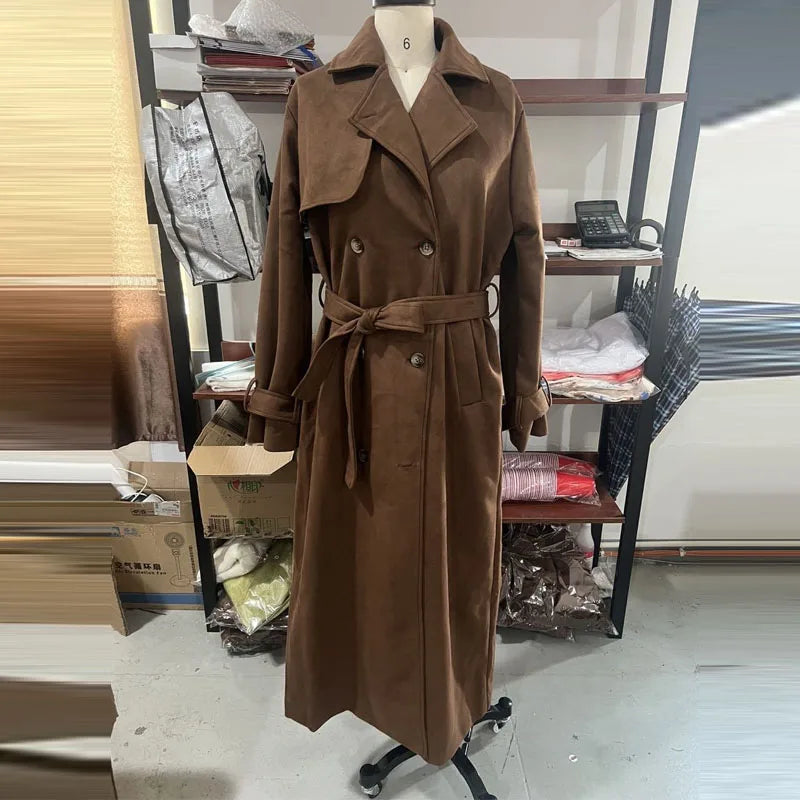 116 - Damen Trenchcoat Braun Lang Mit Gürtel