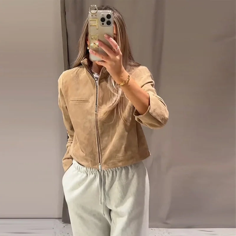 055 - Suede Bomber Jacket Damen – Modern & Stylisch