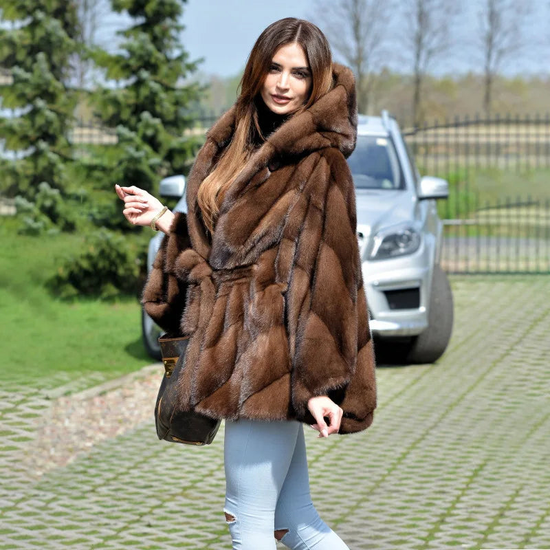 144 - Damen Faux Fur Mantel Mit Kapuze & Bindegürtel
