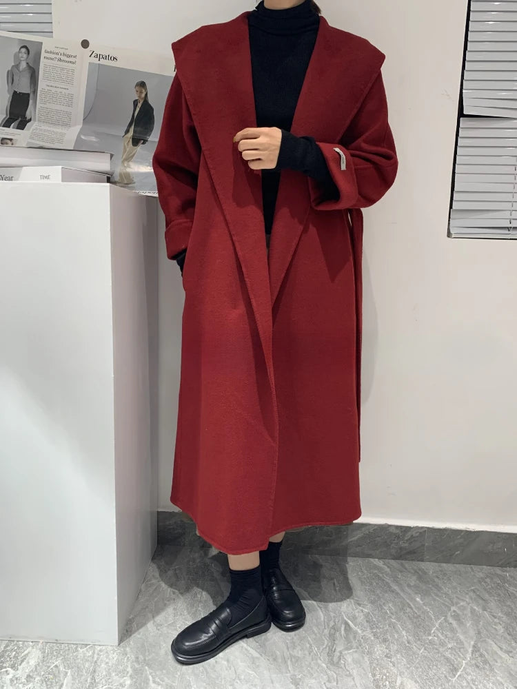 111 - Wollmantel Damen Schwarz Lang Mit Gürtel