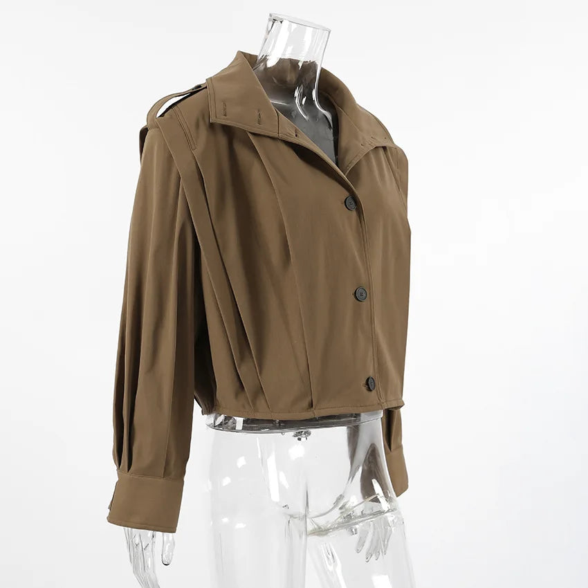 114 - Damen Kurzer Trenchcoat Mit Revers & Knopfverschluss