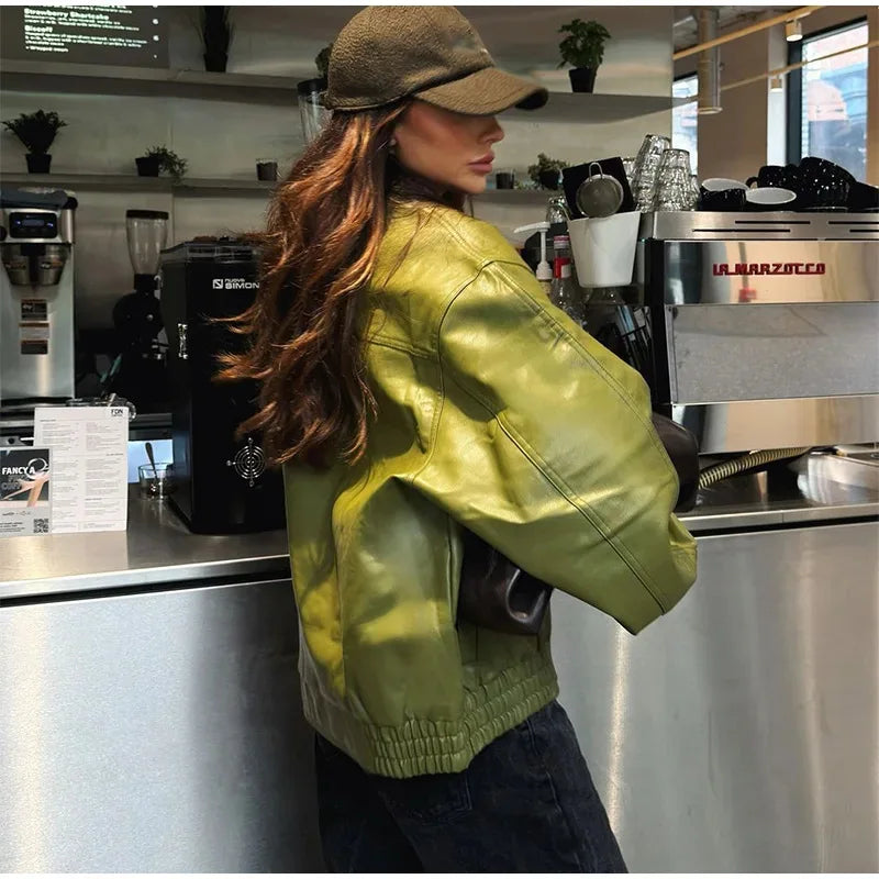 078 - Vintage-Grün PU Lederjacke – High Street Style