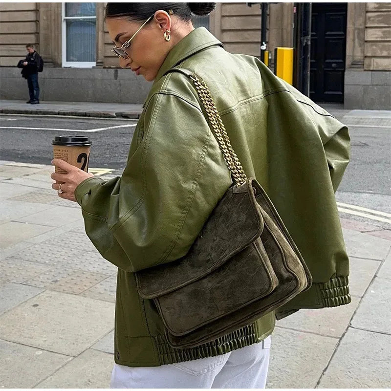 078 - Vintage-Grün PU Lederjacke – High Street Style