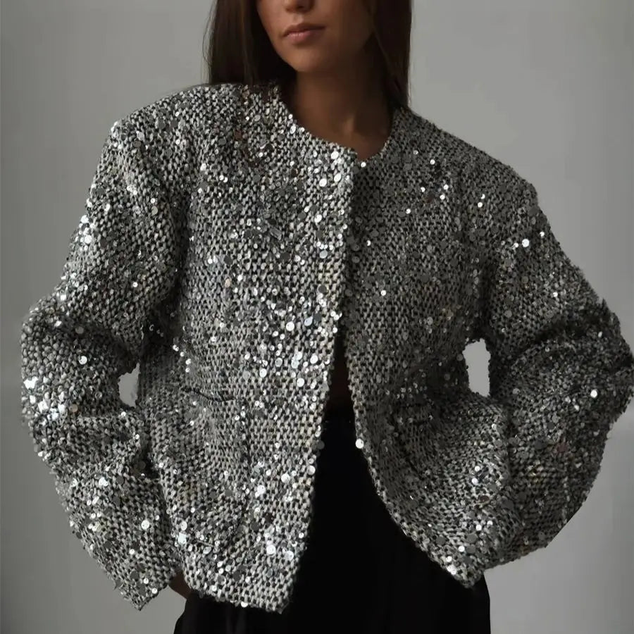 041 - FPaillettenmantel Damen – Silber & Elegant
