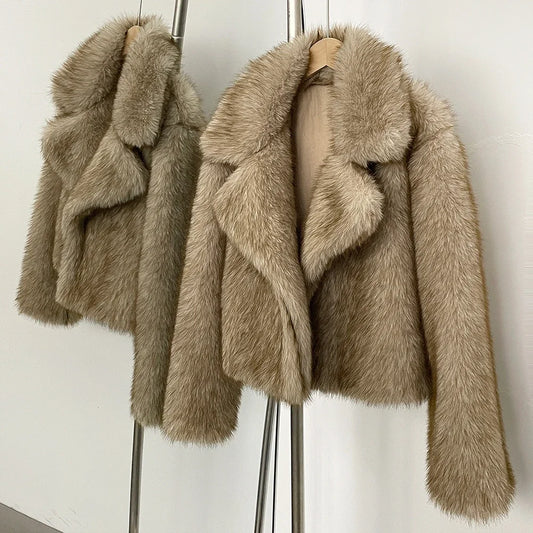 129 - Damen Faux Fur Kurzjacke Mit Kragen