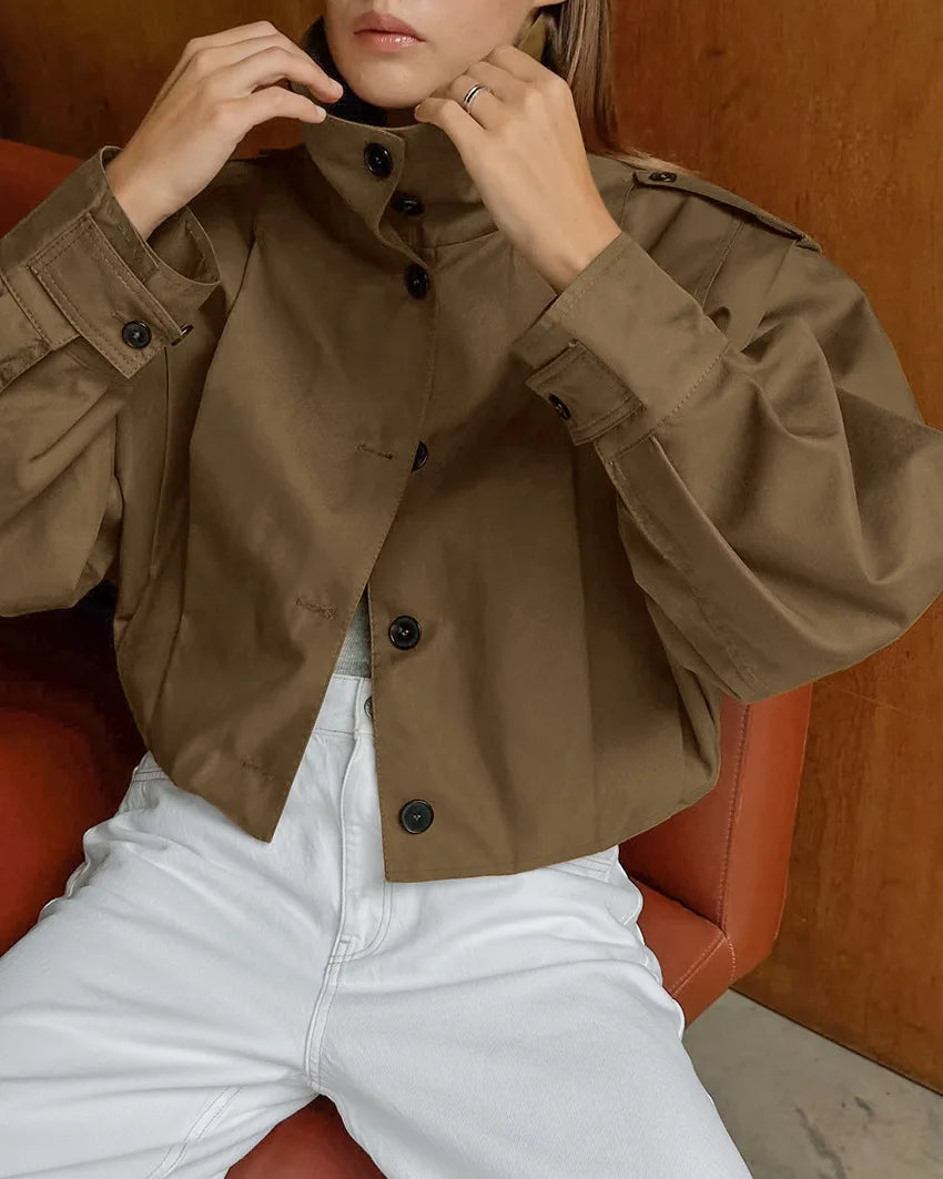 114 - Damen Kurzer Trenchcoat Mit Revers & Knopfverschluss