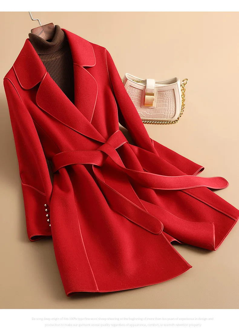 149 - Damen Wollmantel Mid-Length mit Gürtel