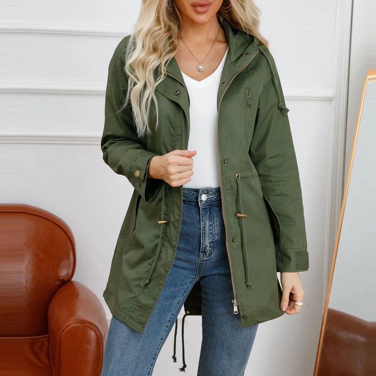 104 - Damen Trenchcoat Mit Kapuze & Taschen