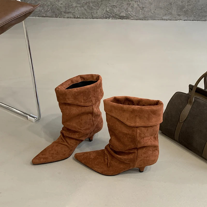 1003 - Damen Slouch Boots mit Keilabsatz & Weitem Schaft