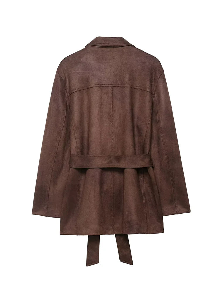 135 - Damen Wildleder Mantel Mit Gürtel – Midilänge & V-Ausschnitt