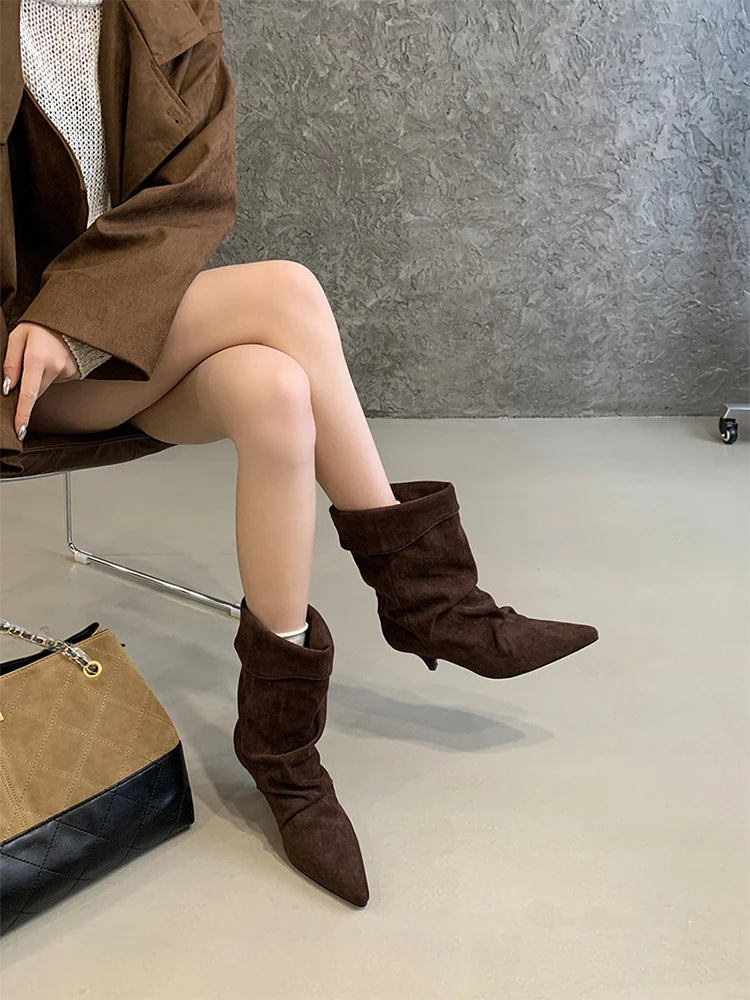 1003 - Damen Slouch Boots mit Keilabsatz & Weitem Schaft