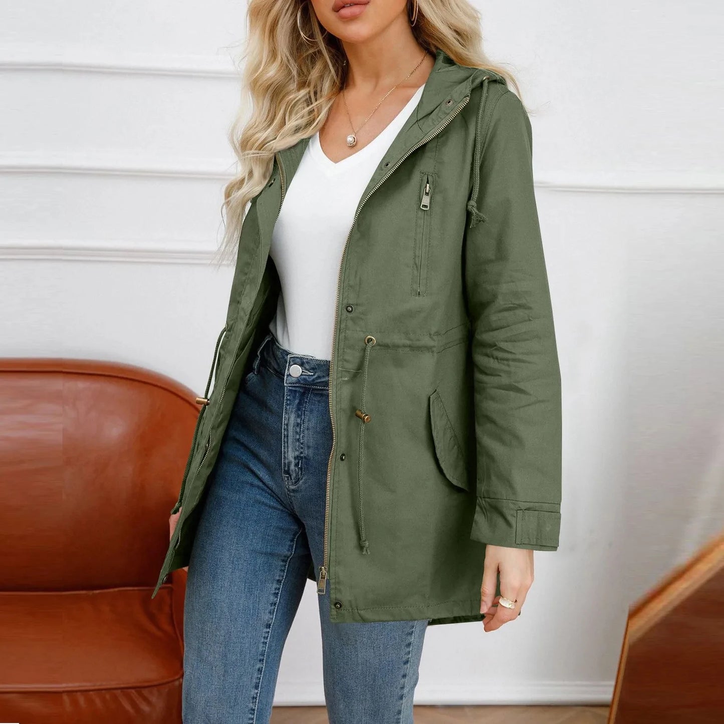 104 - Damen Trenchcoat Mit Kapuze & Taschen