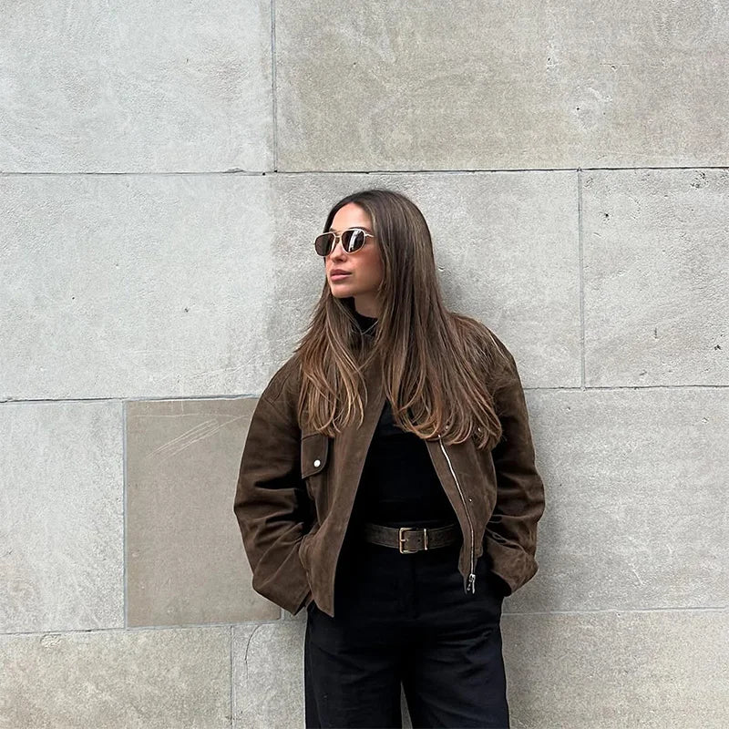 055 - Suede Bomber Jacket Damen – Modern & Stylisch