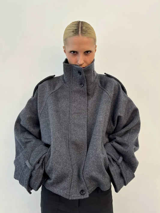 137 - Damen Kurzer Wollmantel Mit Stehkragen