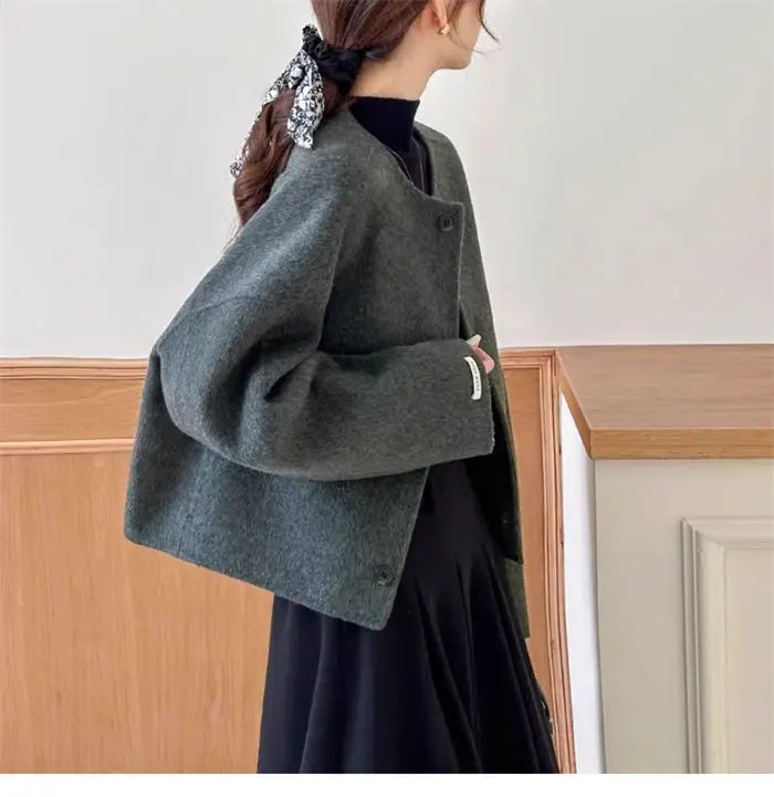 107 - Damen Kurzer Wollmantel Korean Oversized