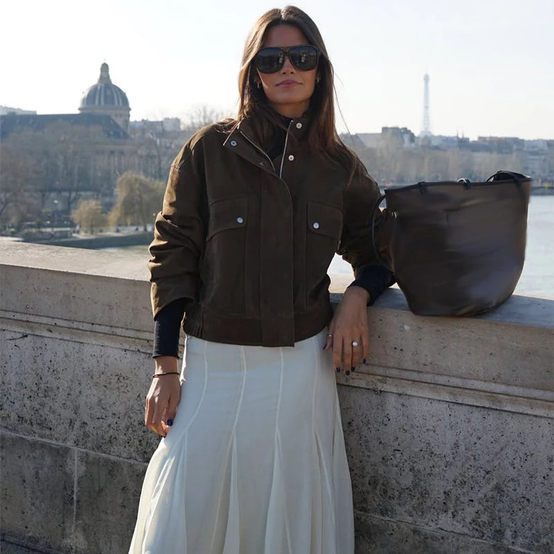 055 - Suede Bomber Jacket Damen – Modern & Stylisch