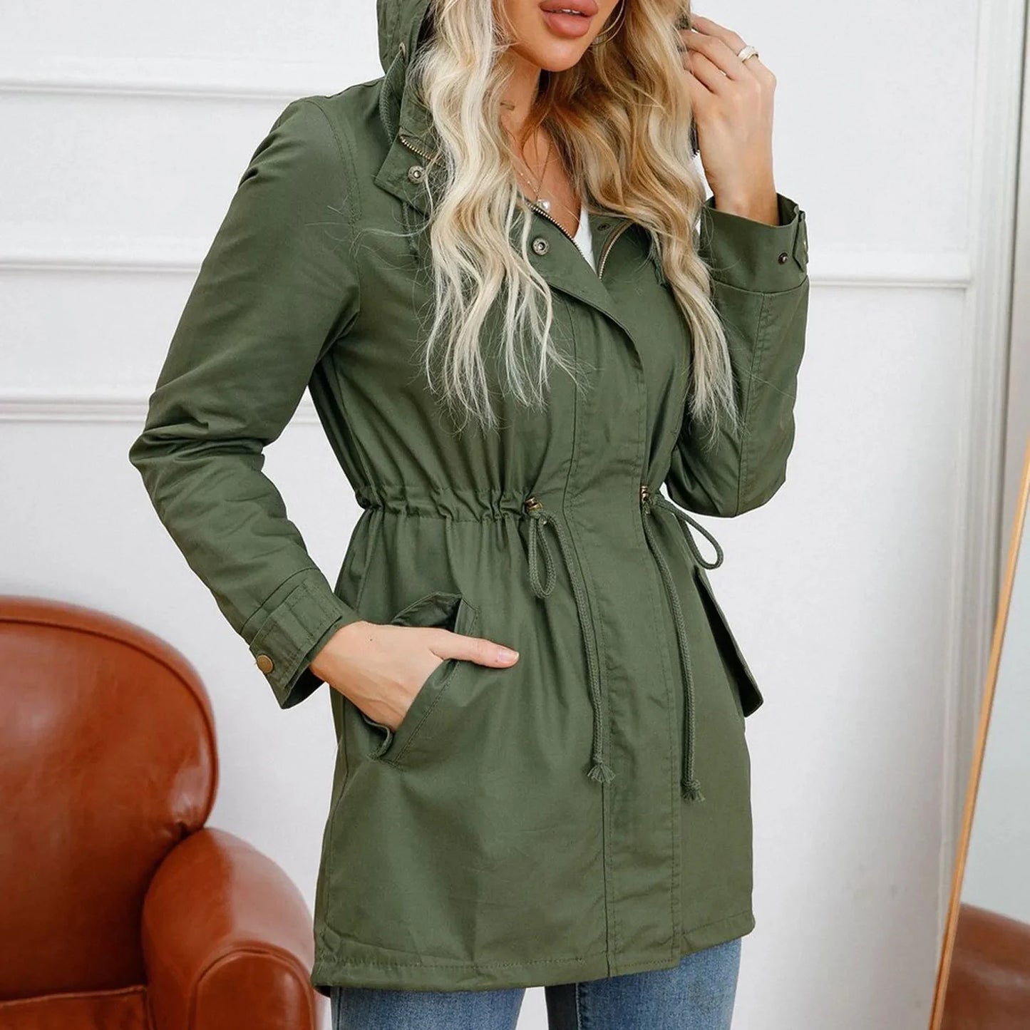 104 - Damen Trenchcoat Mit Kapuze & Taschen