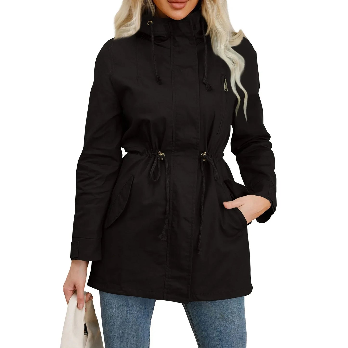 104 - Damen Trenchcoat Mit Kapuze & Taschen