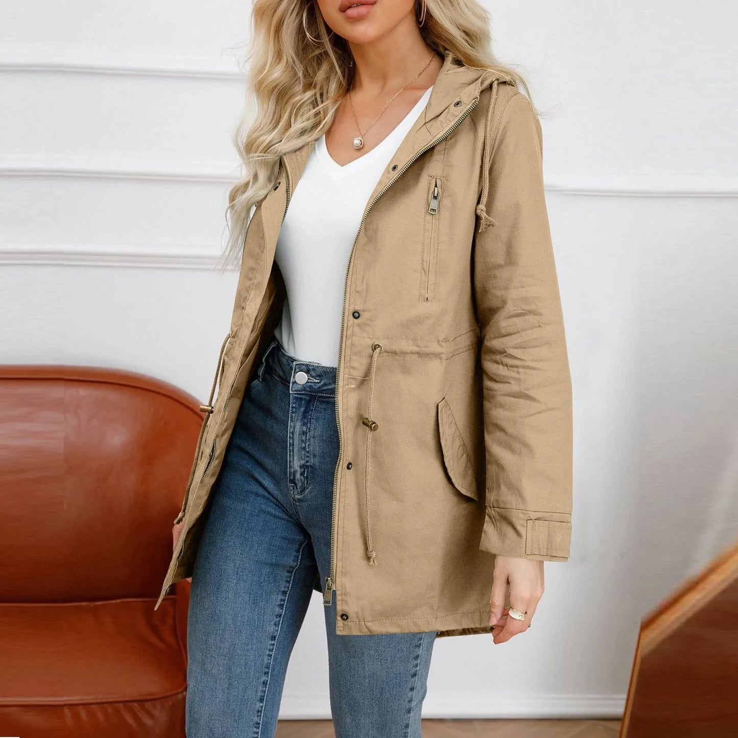 104 - Damen Trenchcoat Mit Kapuze & Taschen