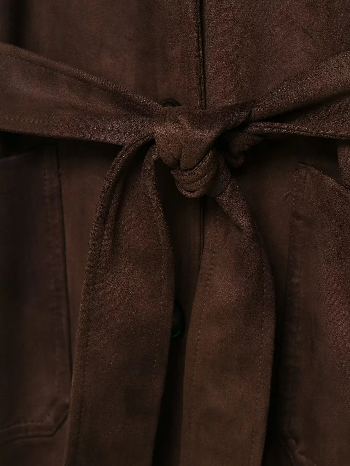 135 - Damen Wildleder Mantel Mit Gürtel – Midilänge & V-Ausschnitt