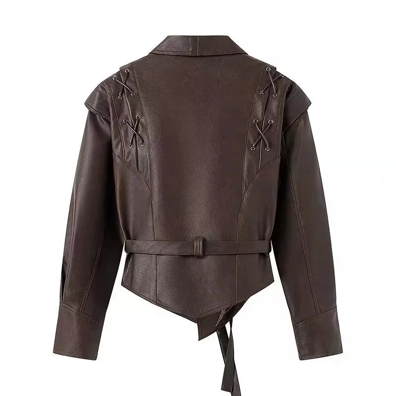 138 - Damen Faux Leather Motorradjacke mit Gürtel